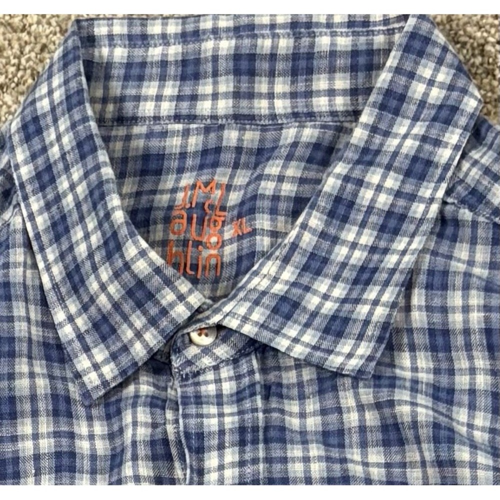 J Mclaughlin Shirt Mens‎ 100% Linnen Plaid Button Up Long Sleeve Pocket Blue - Picture 7 of 8